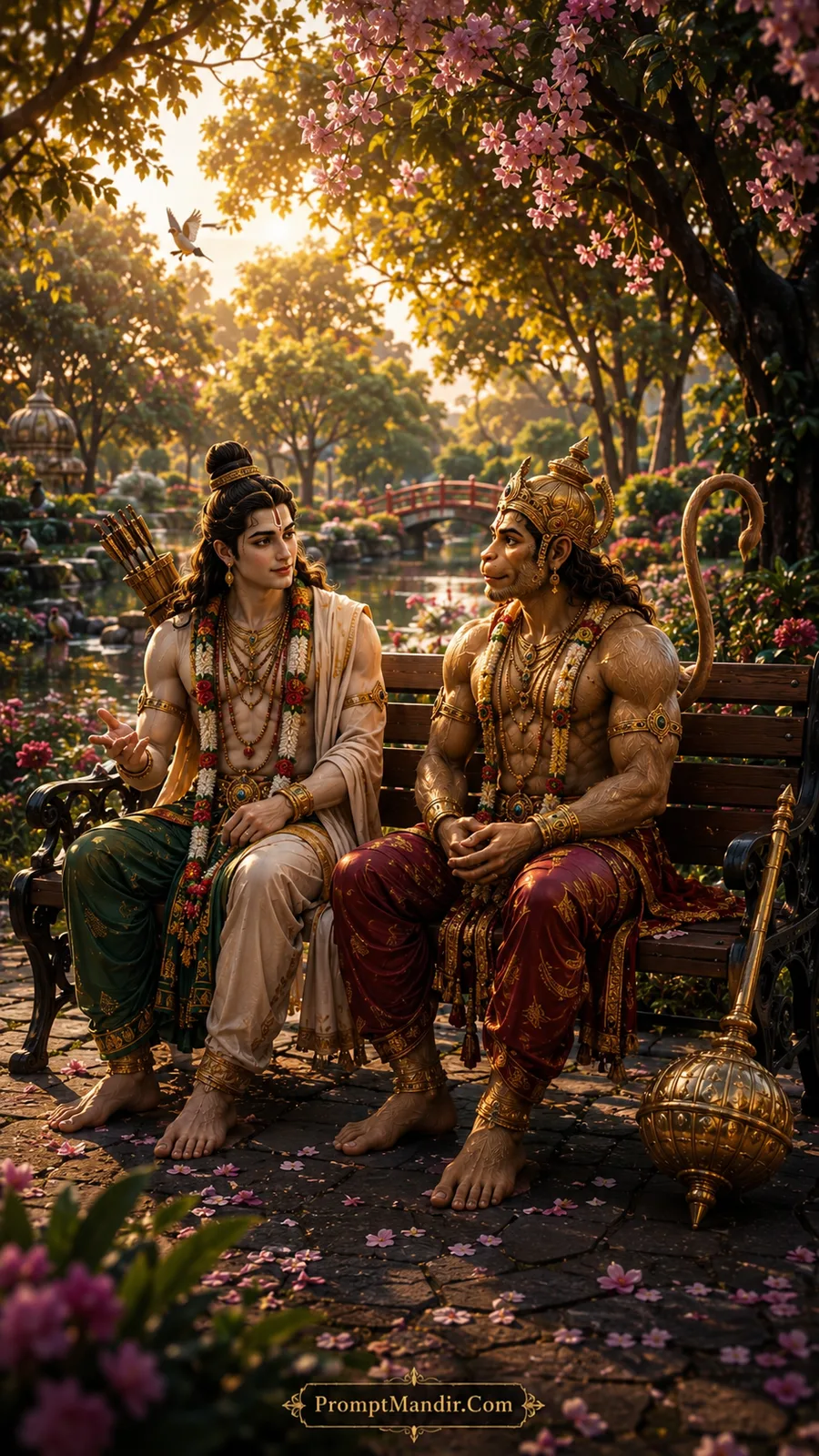 Lord Rama and Hanuman sitting together on a wooden bench in a blossoming garden with a pond and red bridge at sunset