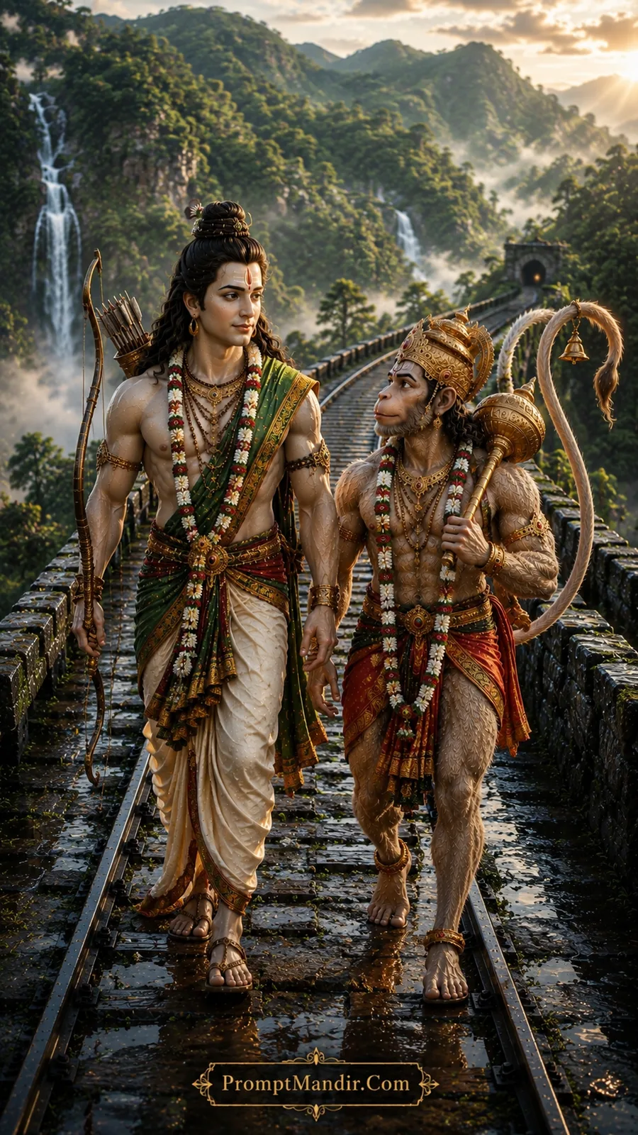 Lord Rama and Hanuman walking together on a wet stone railway track with a tunnel and waterfalls in a mountainous forest