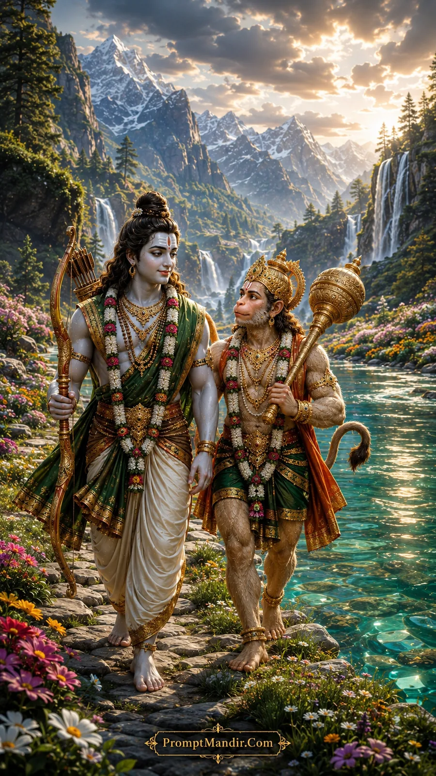 Lord Rama and Hanuman walking together through a breathtaking Himalayan valley with a flowing river, waterfalls, and colorful flowers