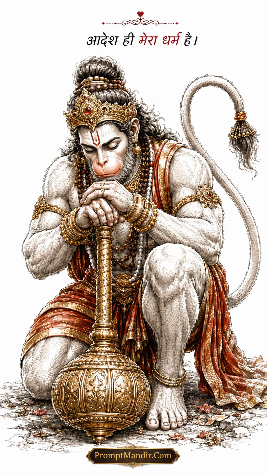 Sketch-style artwork of Lord Hanuman kneeling in deep devotion, resting his hands on his golden Gada with his eyes closed