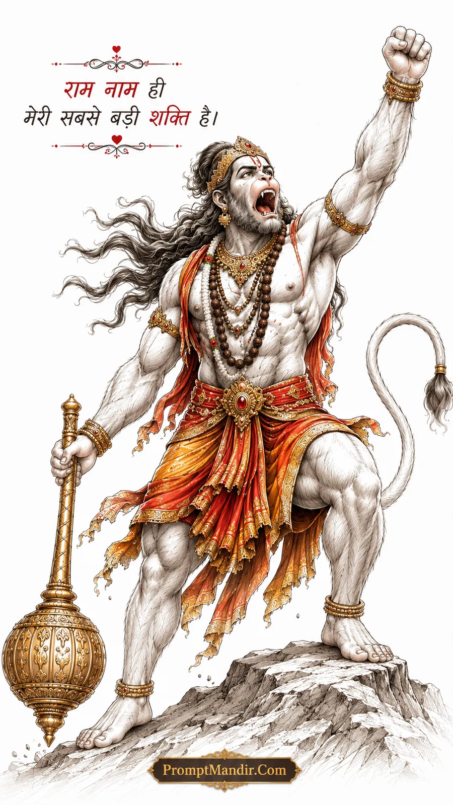 Dynamic sketch-style artwork of Lord Hanuman shouting with his fist raised, holding his Gada, showcasing his immense power