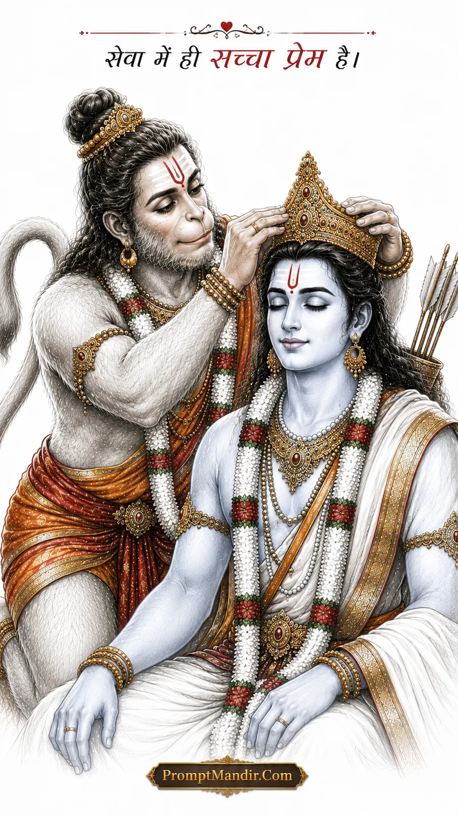 Heartwarming sketch-style artwork of Hanuman placing a golden crown on Lord Rama's head