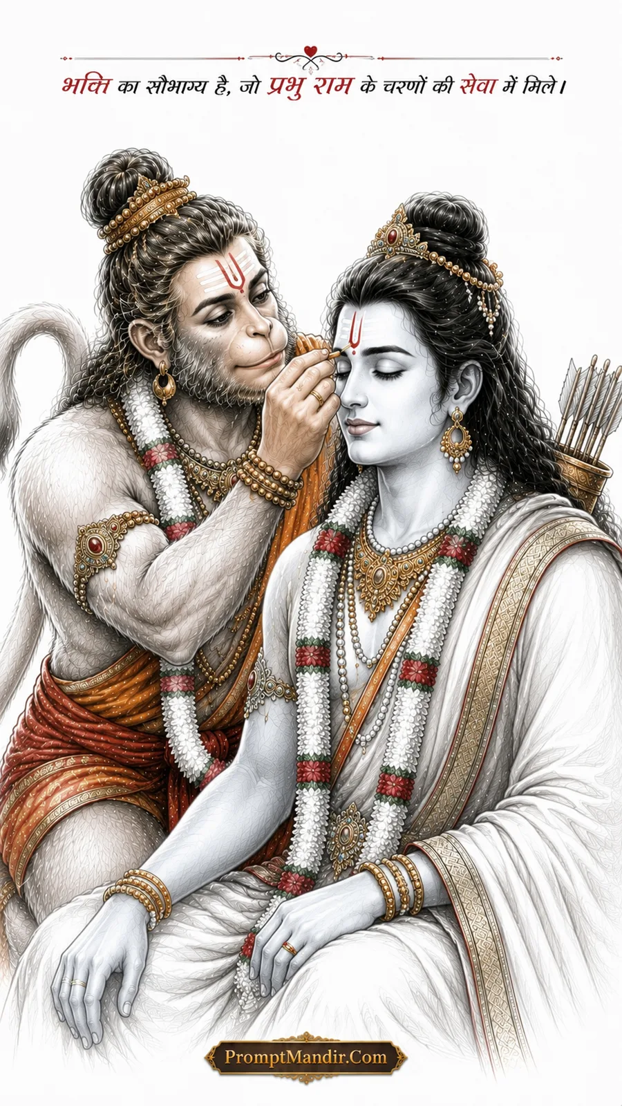 Intimate sketch-style artwork of Hanuman applying a tilak to Lord Rama's forehead