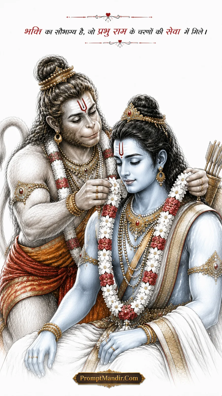Devotional sketch-style artwork of Hanuman placing a flower garland around Lord Rama's neck
