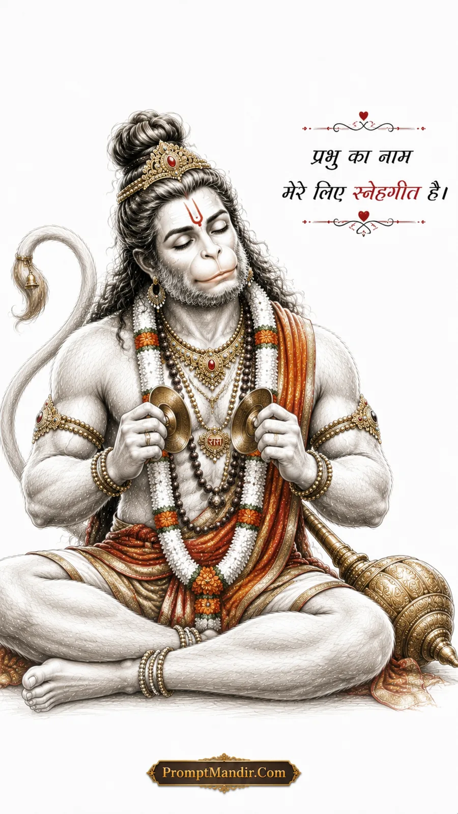 Peaceful sketch-style artwork of Lord Hanuman sitting with his eyes closed, playing small brass cymbals (manjira)