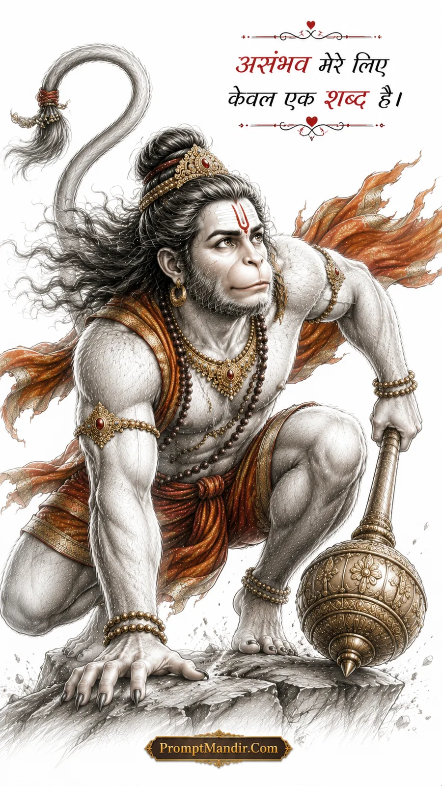 Dynamic sketch-style artwork of Lord Hanuman crouched in a leaping pose, holding his Gada, ready for action