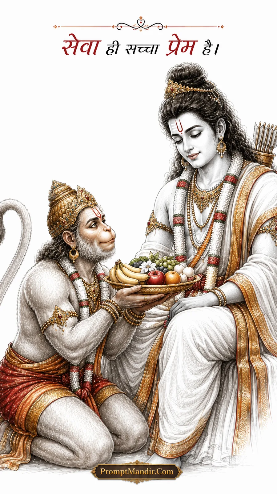 Devotional sketch-style artwork of Hanuman kneeling and offering a plate of fruits to Lord Rama