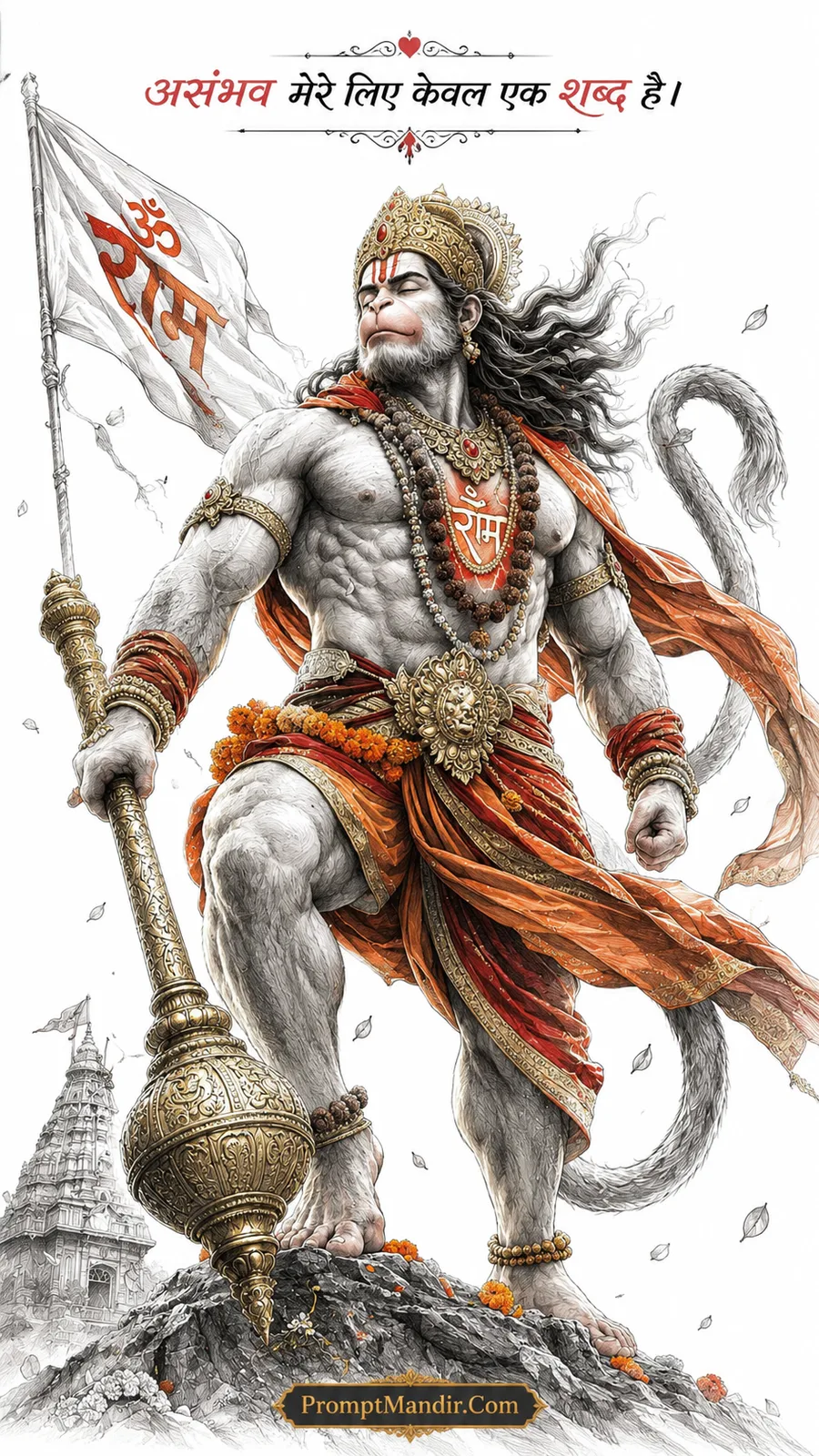 Epic sketch-style artwork of Lord Hanuman standing triumphantly with a flag bearing the Ram symbol