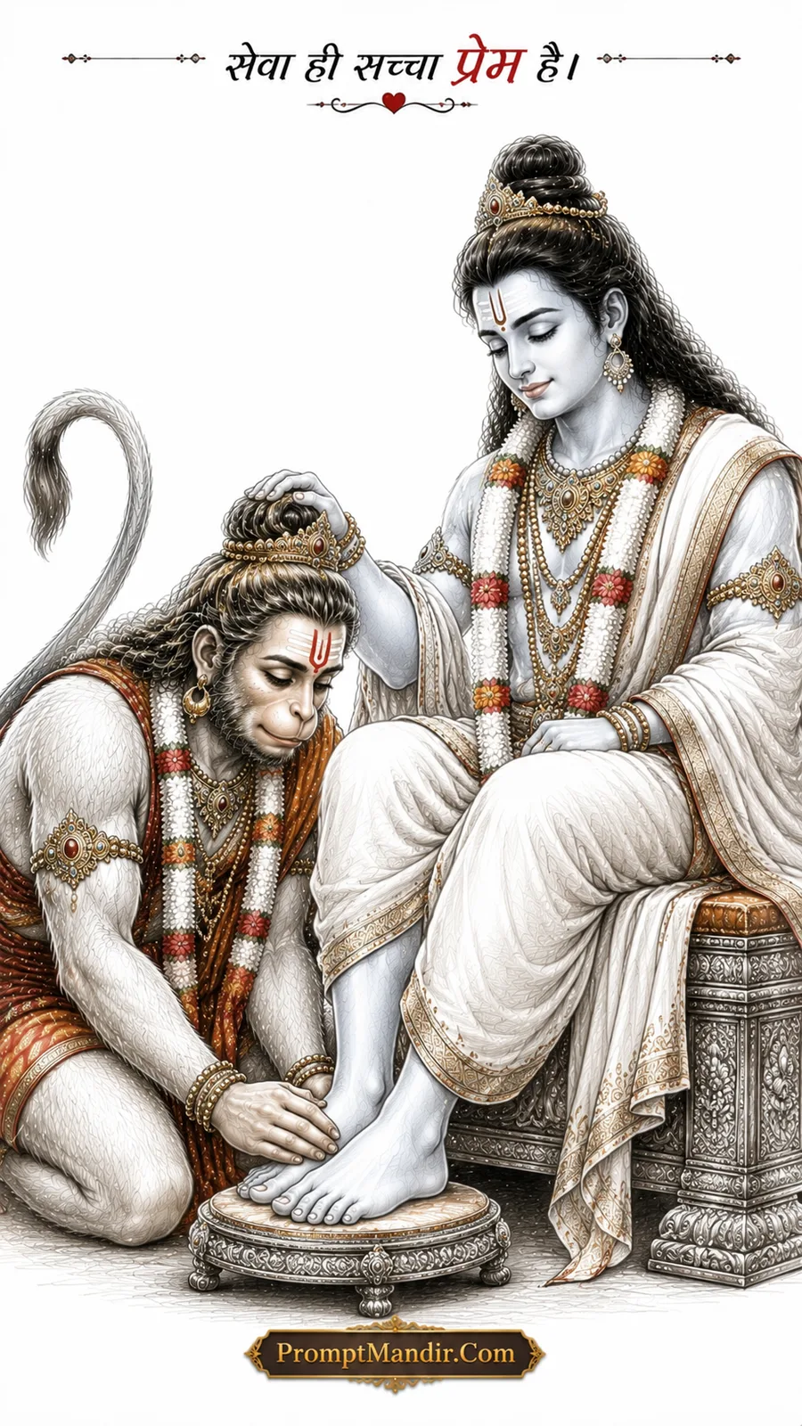 Devotional sketch-style artwork of Hanuman washing Lord Rama's feet in humble service