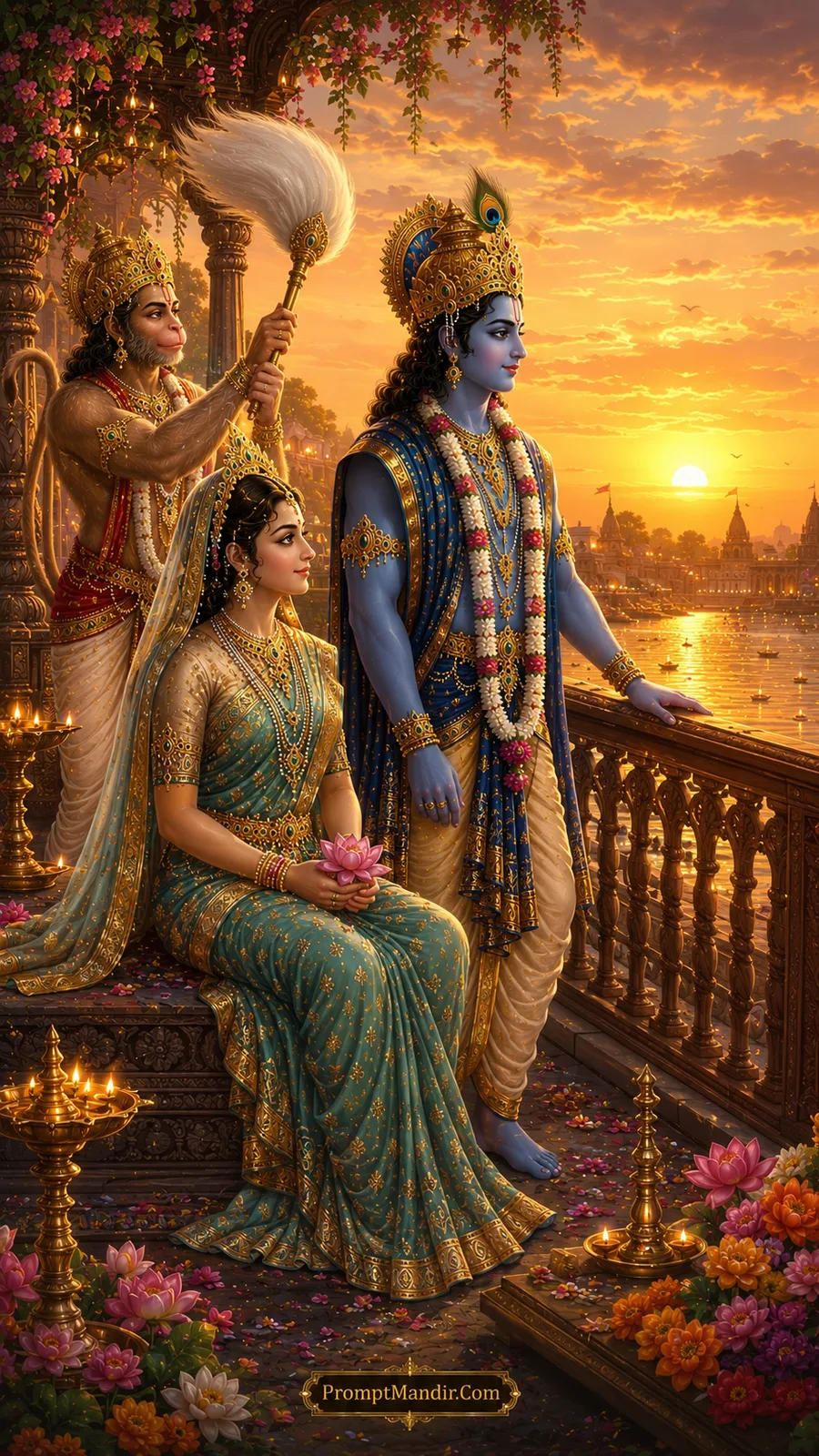 Lord Rama and Mata Sita overlooking a riverside sunset while Hanuman performs chaur seva