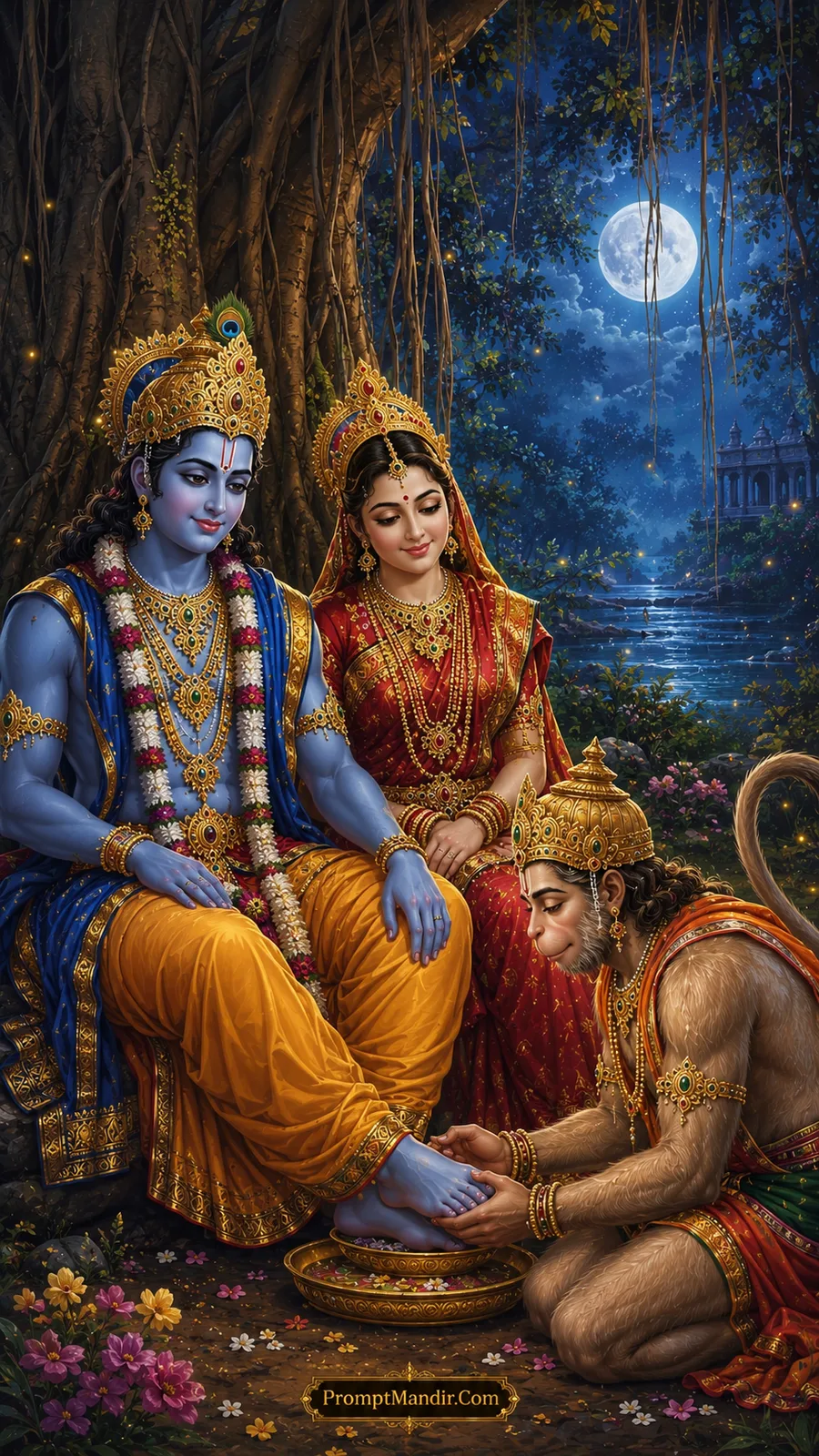 Lord Hanuman gently serving the lotus feet of Lord Rama beside Mata Sita under moonlight