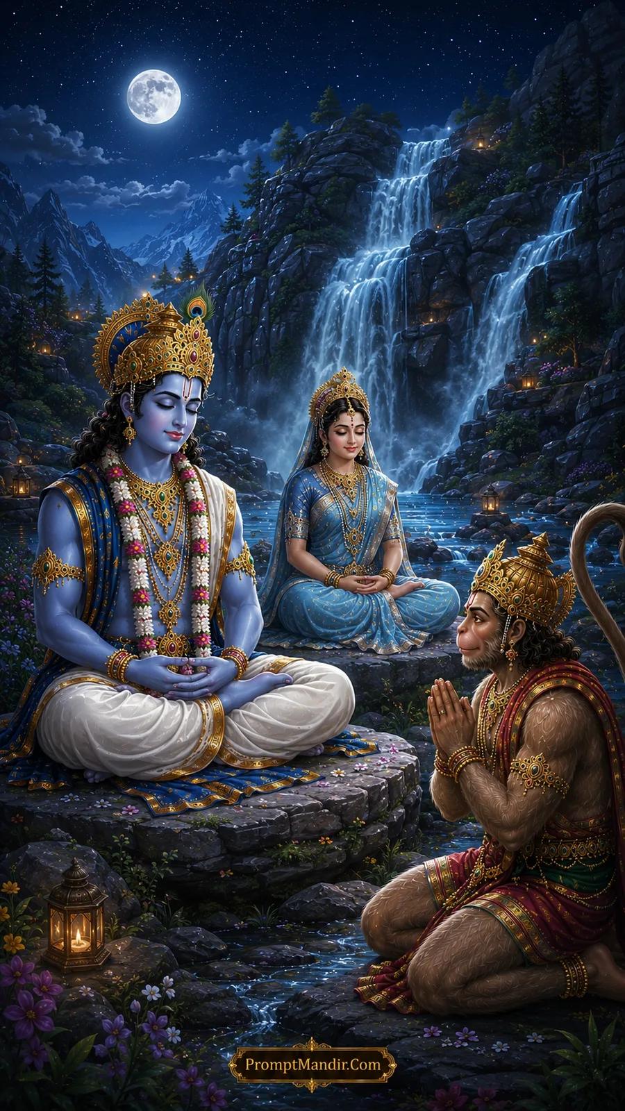 Lord Hanuman offering prayers before meditating Lord Rama and Mata Sita near cascading waterfalls