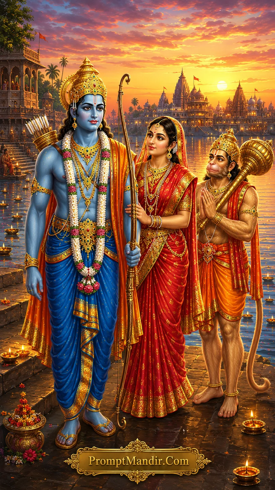 Lord Rama and Mata Sita standing beside devoted Hanuman at a sacred riverside during sunset