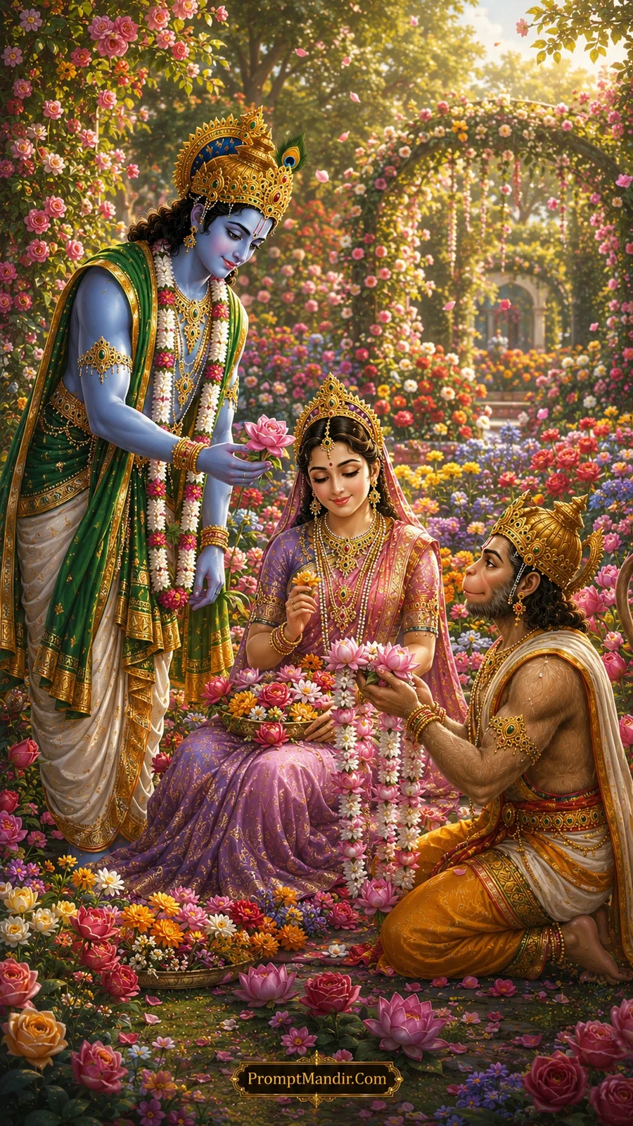 Lord Rama offering a lotus flower while Hanuman presents floral garlands to Mata Sita