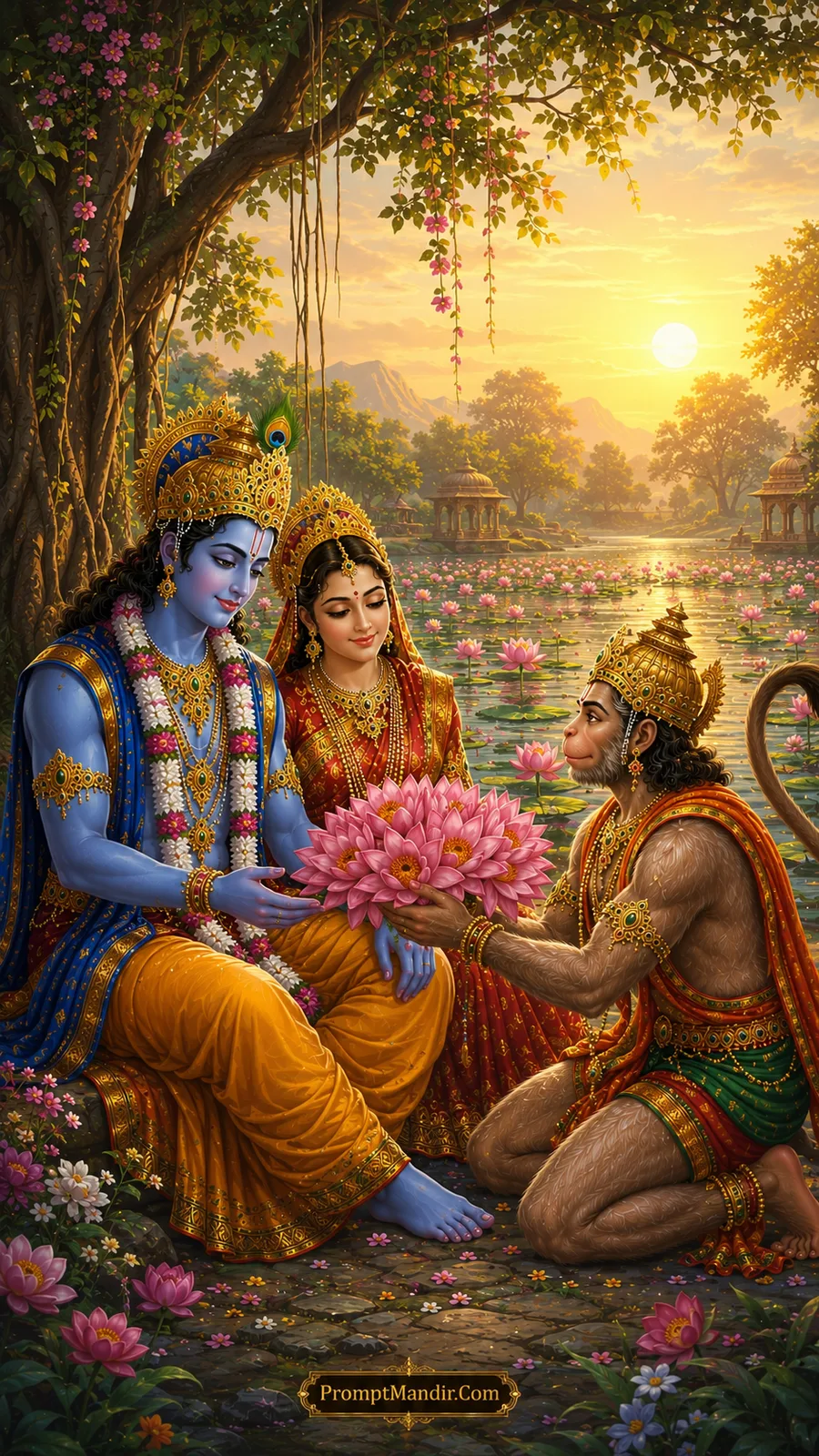 Lord Hanuman presenting lotus flowers before Lord Rama and Mata Sita beside a lotus lake