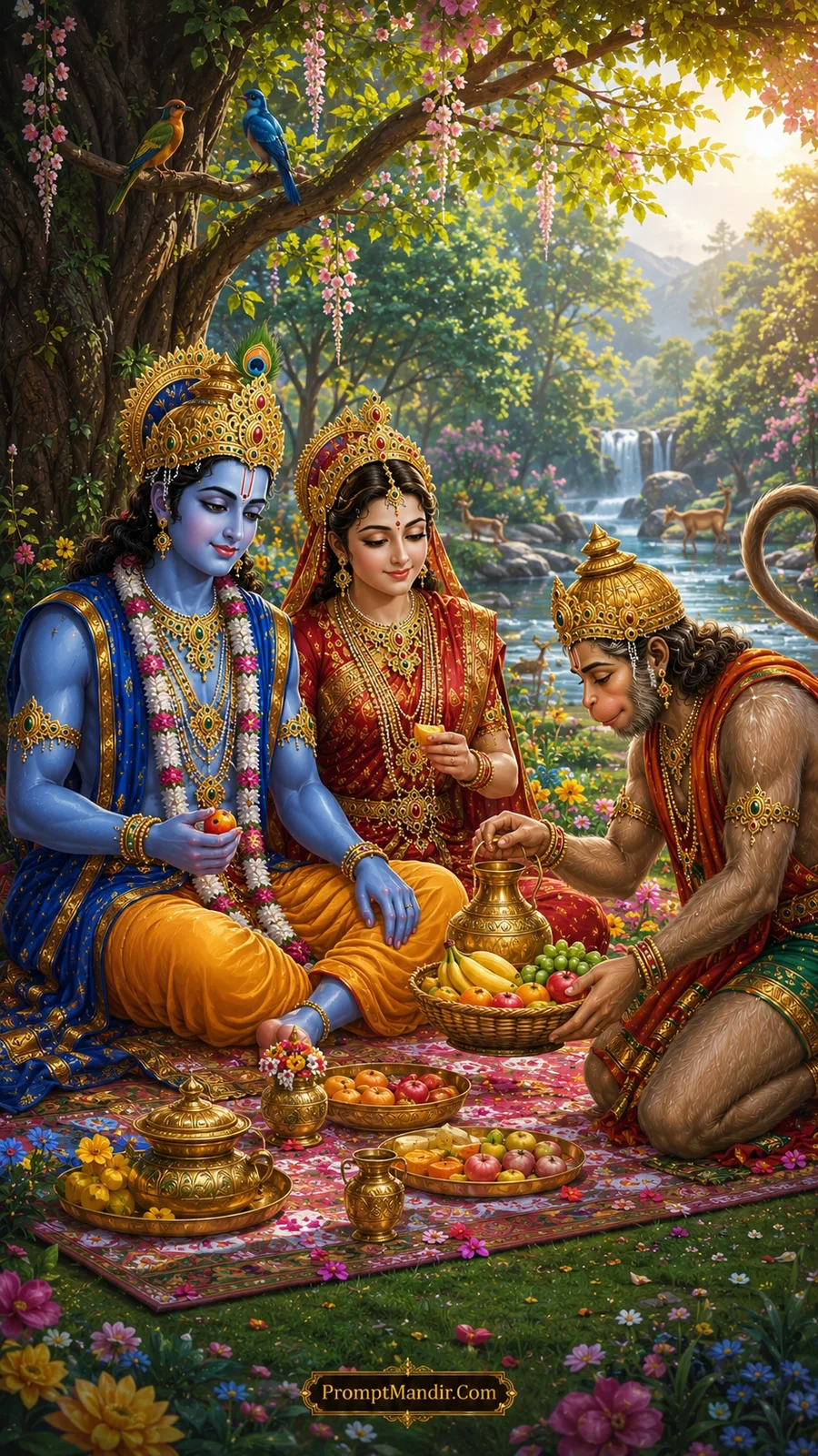 Lord Hanuman serving fruits before Lord Rama and Mata Sita in a peaceful forest garden