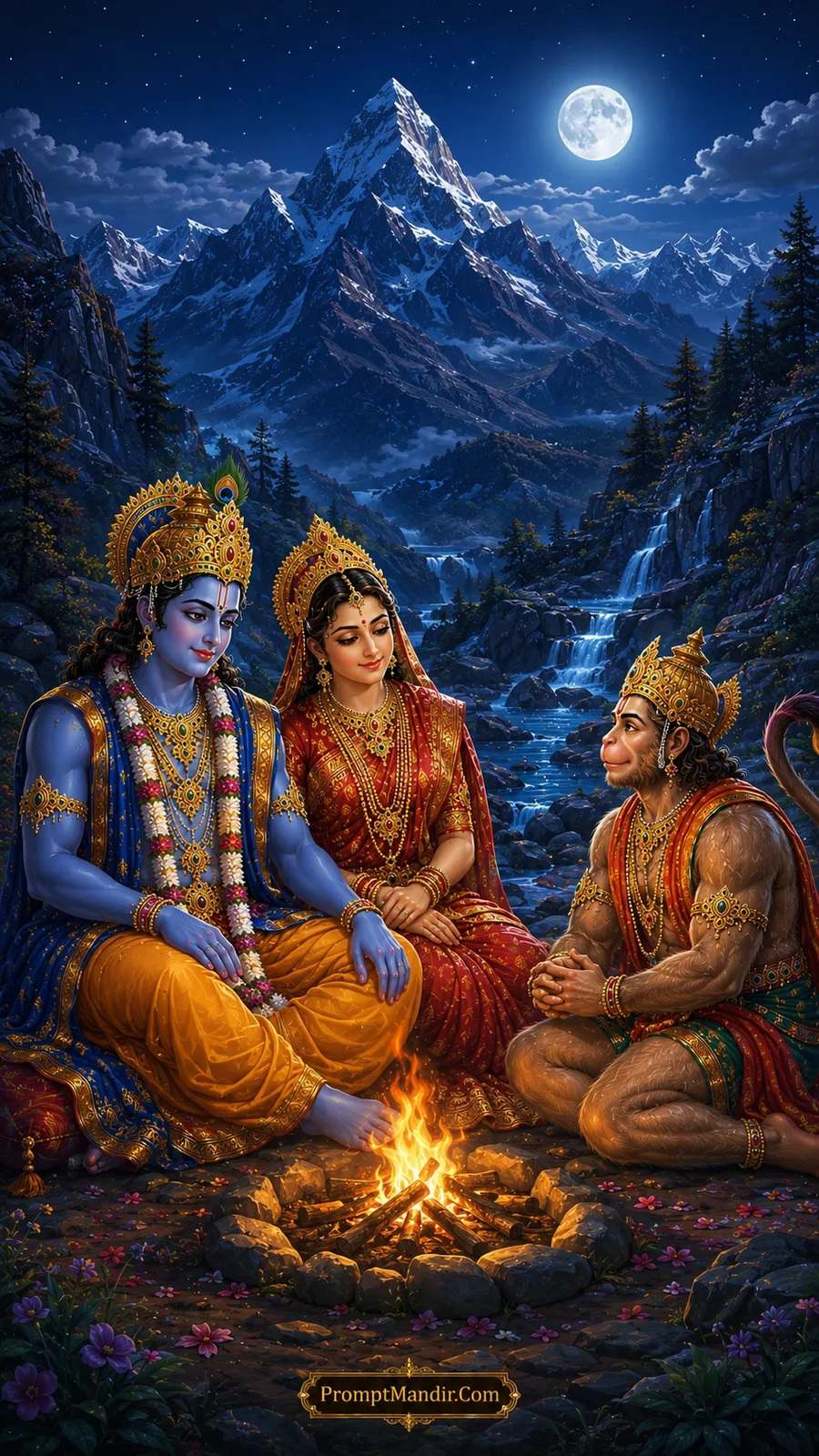 Lord Rama Mata Sita and Hanuman gathered around a peaceful mountain campfire beneath the full moon