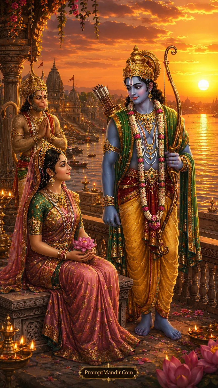 Lord Rama standing beside Mata Sita while Hanuman offers respectful prayers at sunset