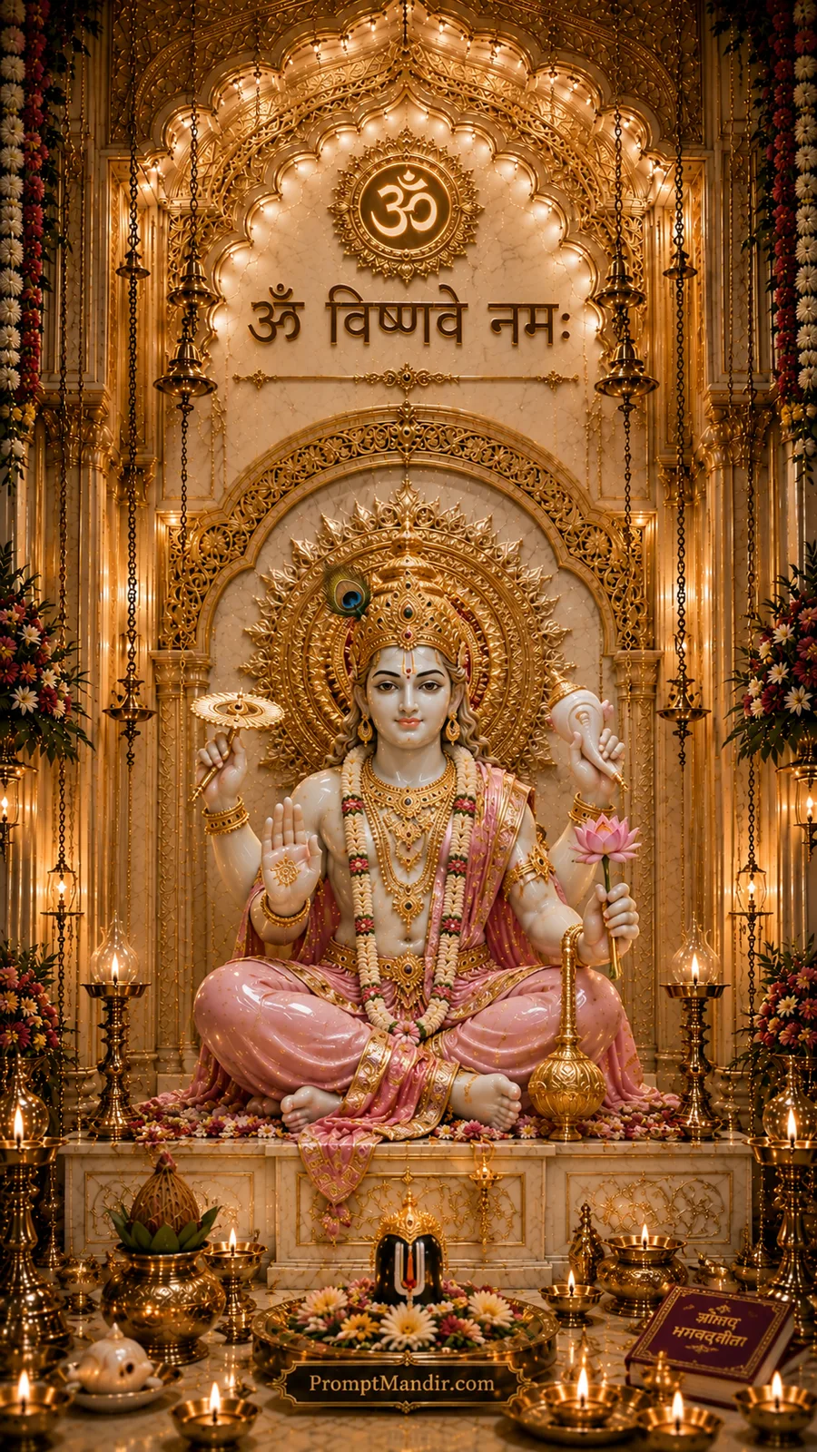 Divine Lord Vishnu seated on ornate golden temple throne with sacred symbols and glowing diyas