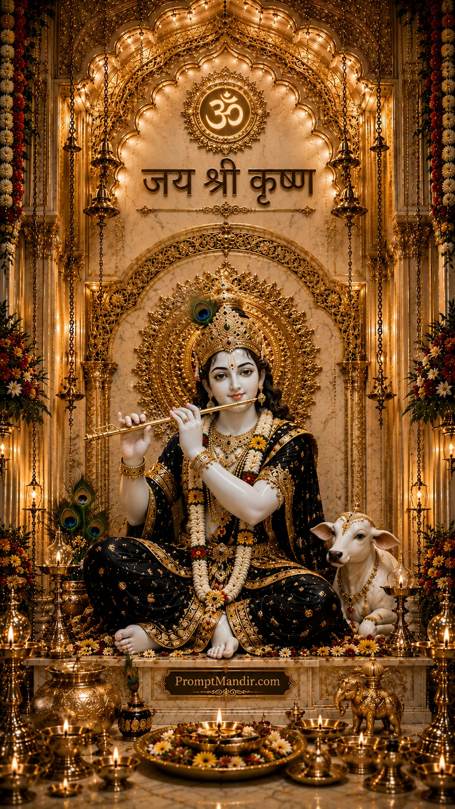 Graceful Lord Krishna playing flute inside ornate golden temple beside sacred cow and glowing lamps