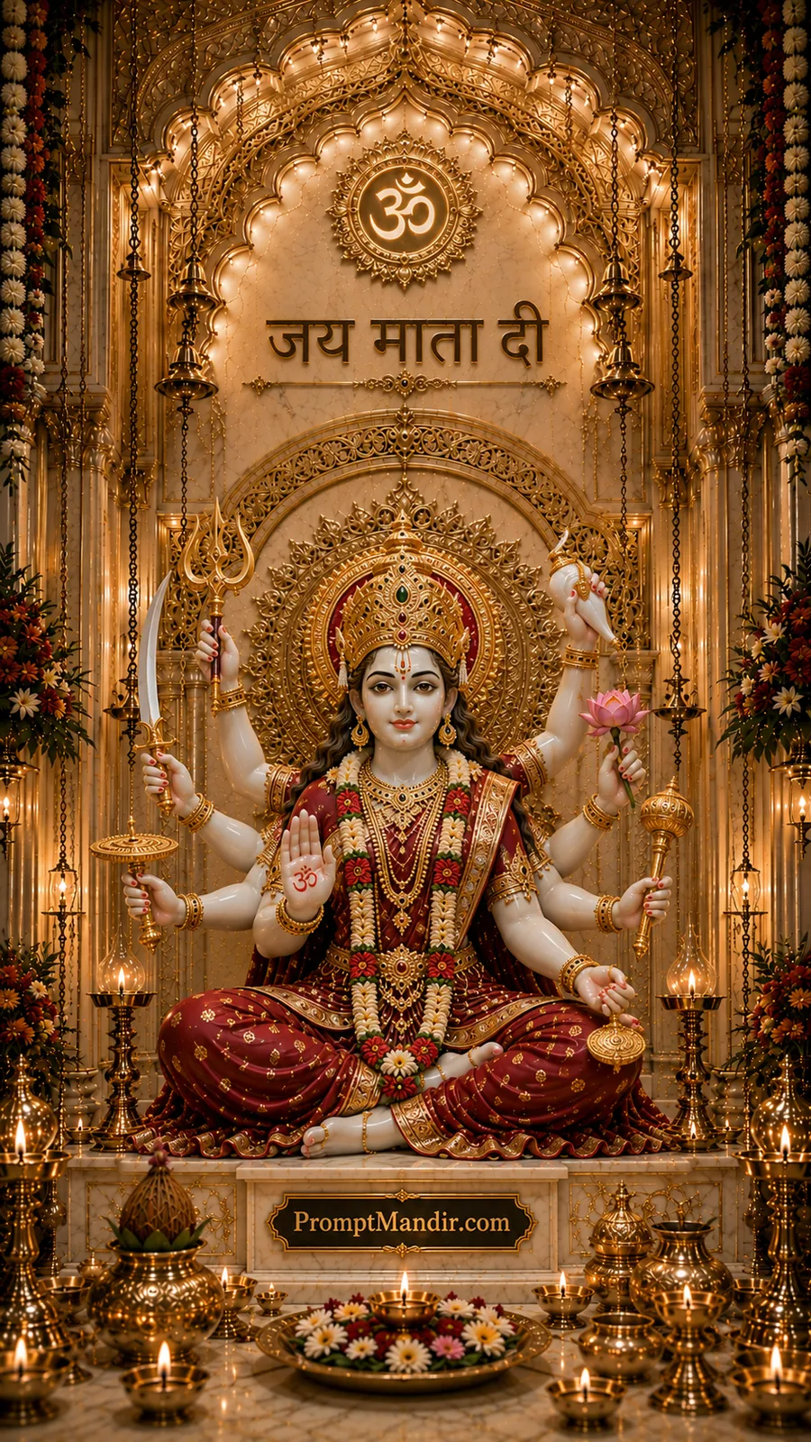 Divine Goddess Durga seated on golden temple throne holding sacred weapons and lotus flower
