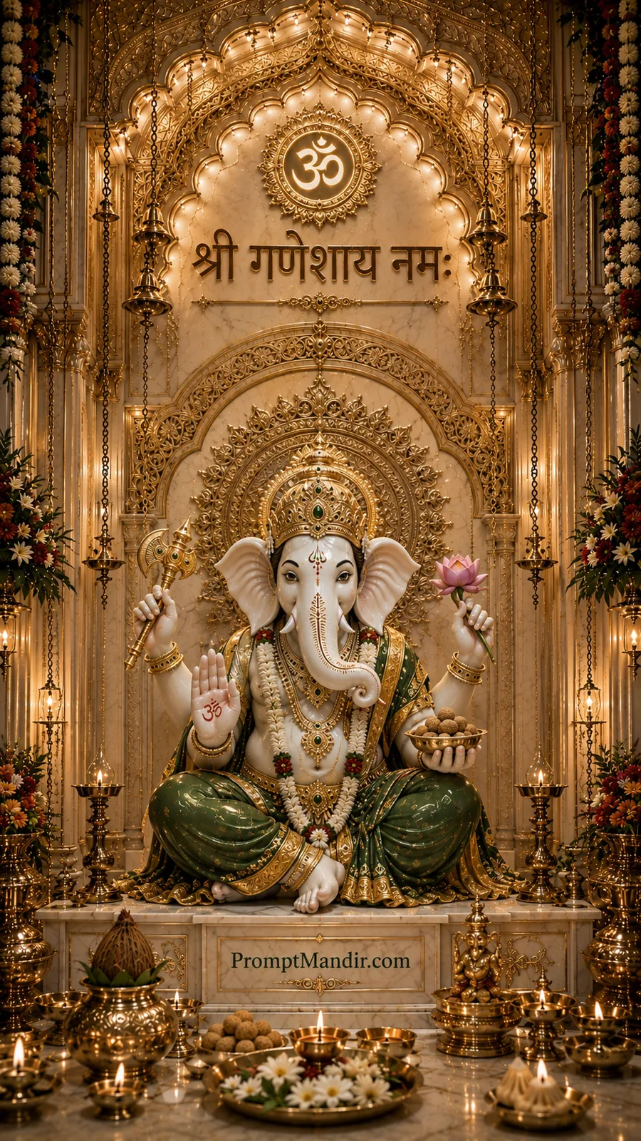 Sacred Lord Ganesha seated inside illuminated golden temple holding lotus and modaks with blessings