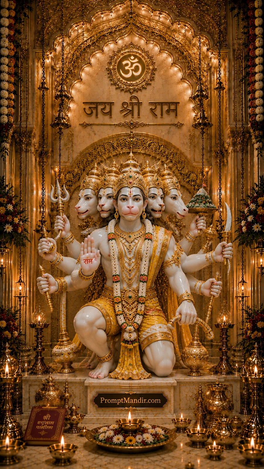 Panchamukhi Hanuman seated in magnificent golden temple with sacred weapons and divine blessings