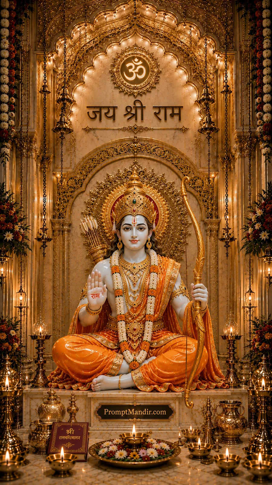 Peaceful Lord Rama seated with bow inside ornate golden temple surrounded by glowing diyas