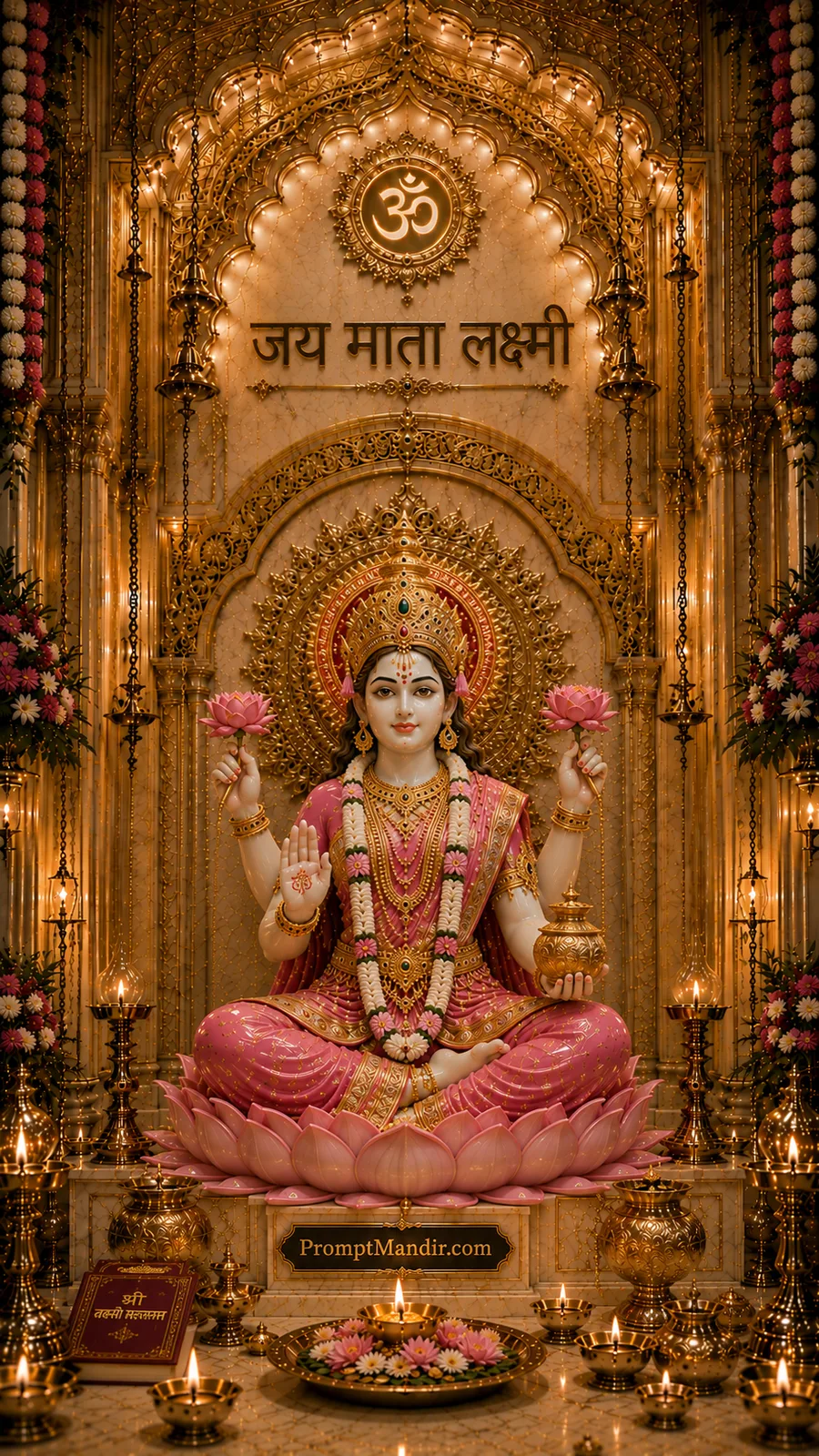 Divine Goddess Lakshmi seated on blooming lotus inside luxurious golden temple with sacred kalash