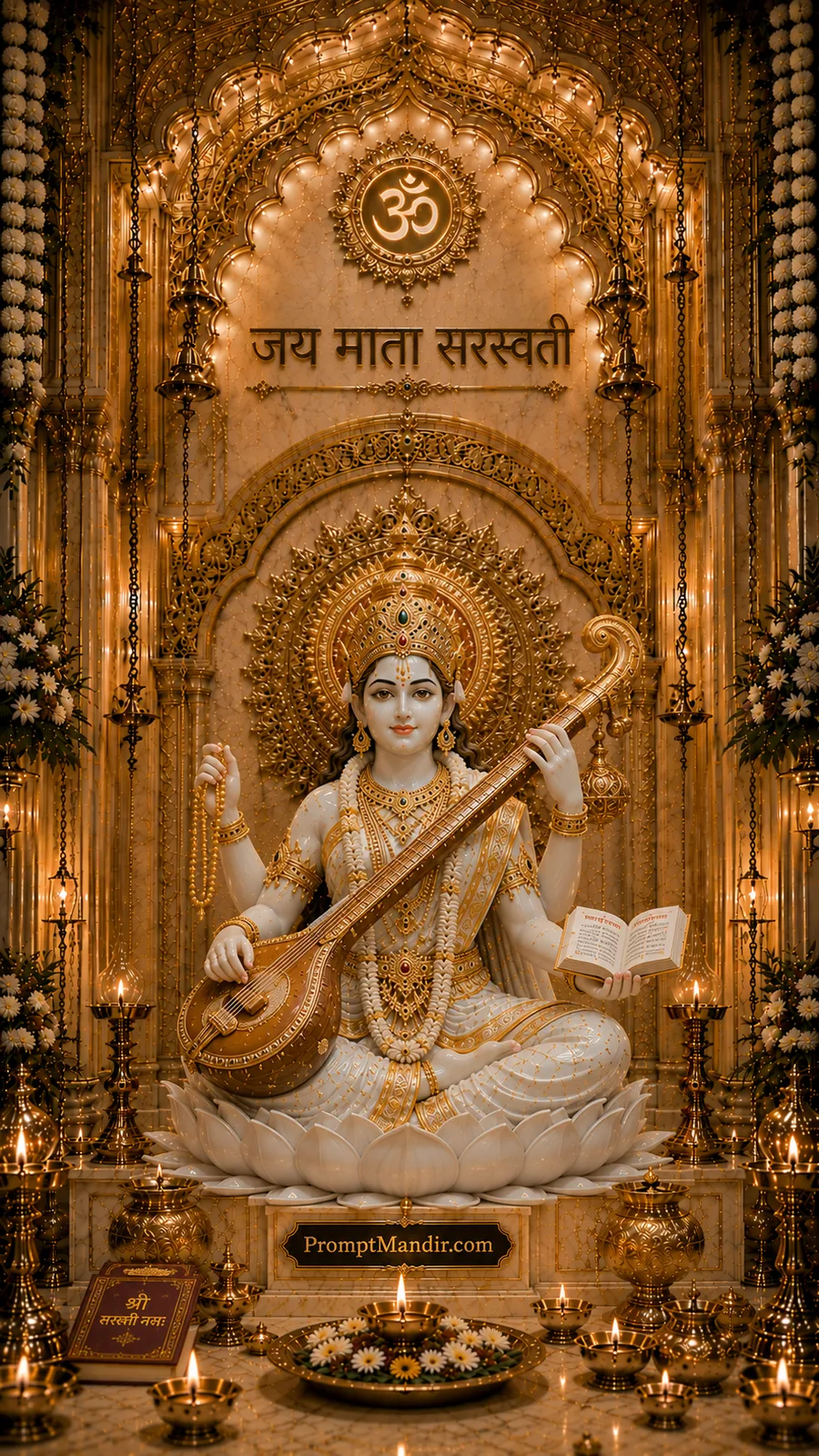 Elegant Goddess Saraswati holding veena and sacred book inside illuminated golden temple shrine