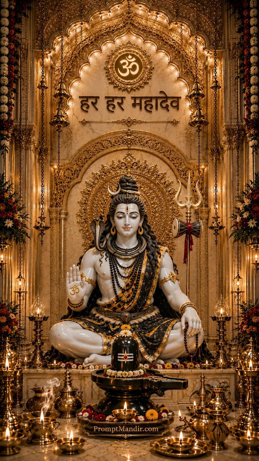 Serene Lord Shiva meditating beside sacred Shivling inside ornate golden temple with glowing diyas