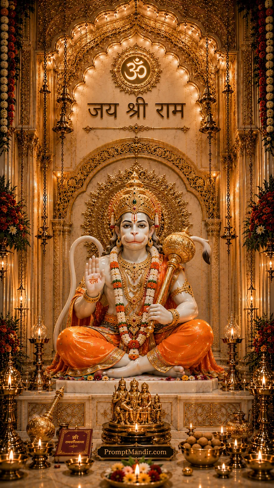 Blessed Lord Hanuman seated with golden gada inside ornate temple surrounded by glowing diyas