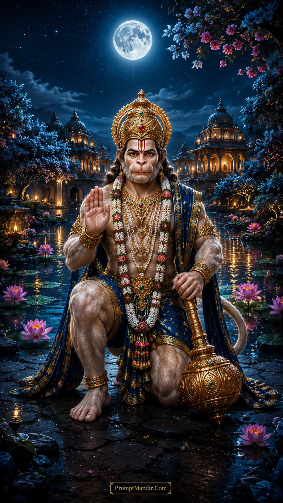 Lord Hanuman in a crouching blessing pose, holding a golden Gada, in a moonlit lotus pond with glowing temples