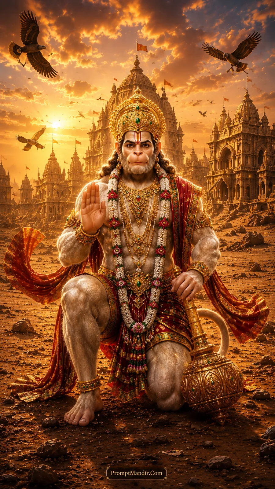 Lord Hanuman kneeling in a blessing pose in a golden desert sunset, with grand temples in the background and birds flying