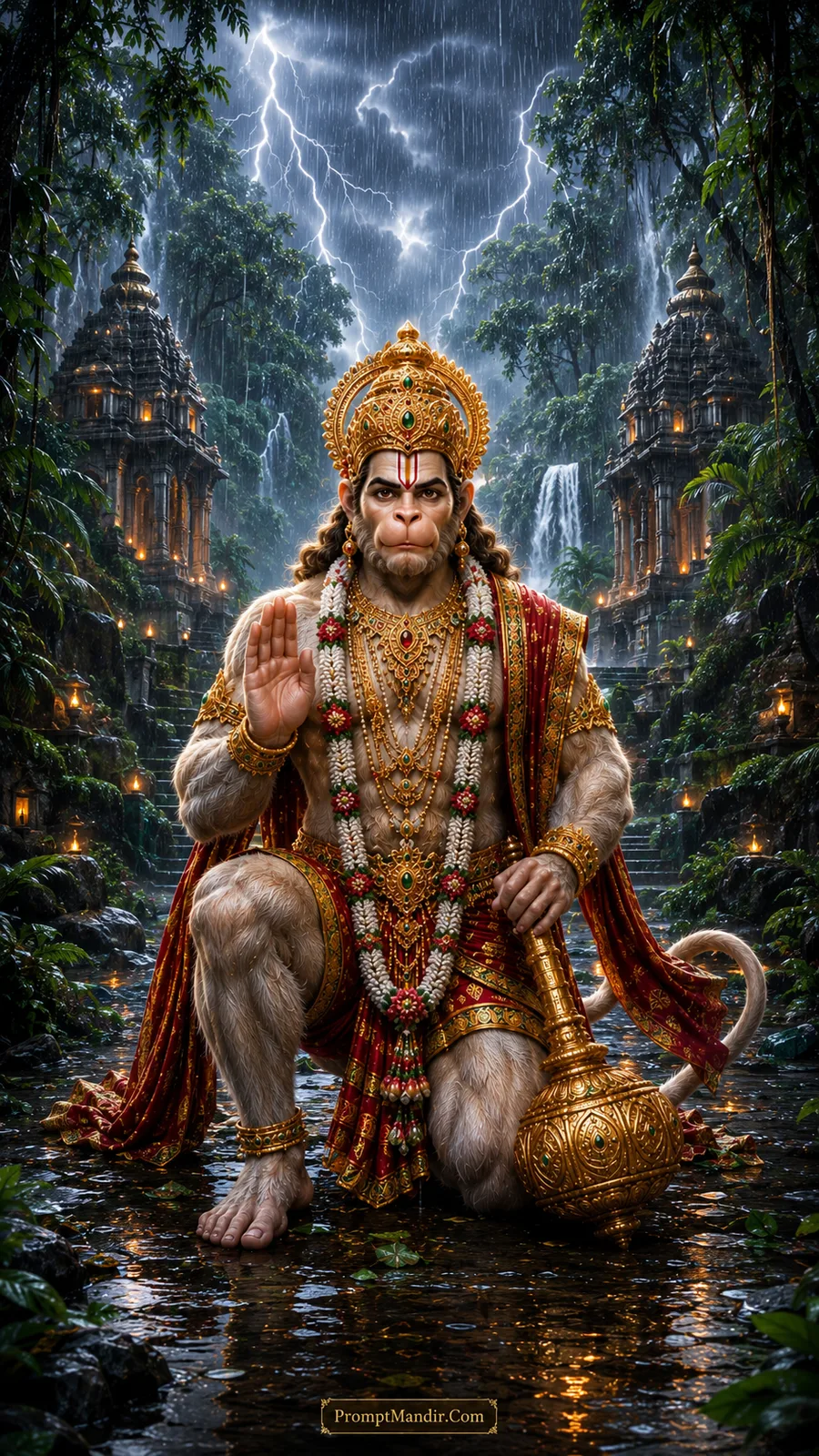 Lord Hanuman blessing in a stormy forest with lightning, heavy rain, and cascading waterfalls