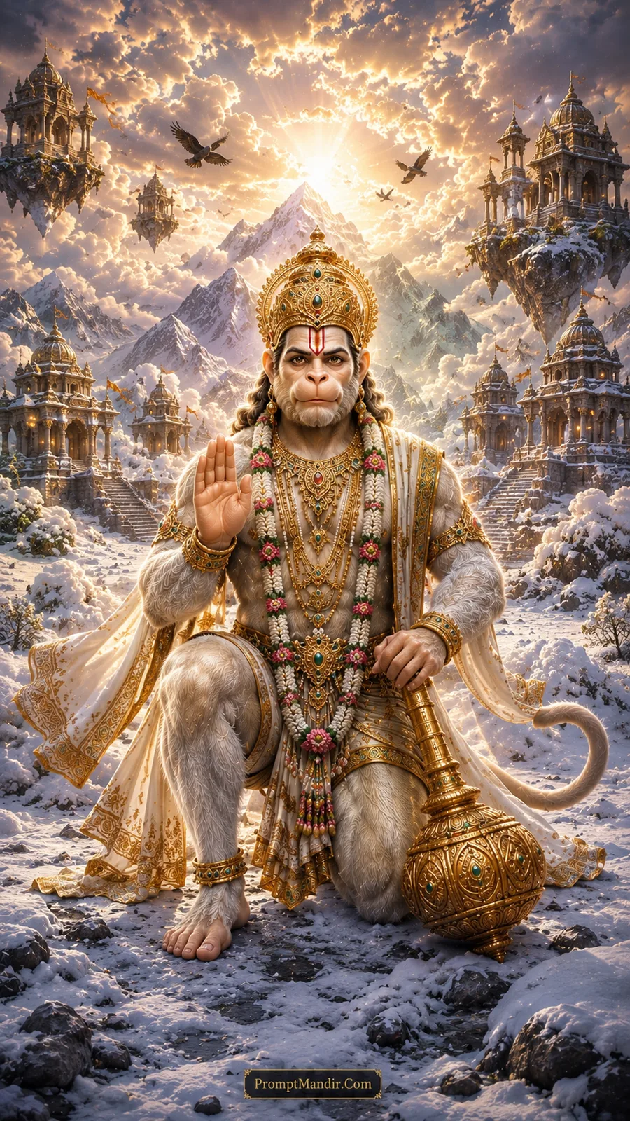 Lord Hanuman blessing in a snowy Himalayan landscape with floating temples and a divine sunrise