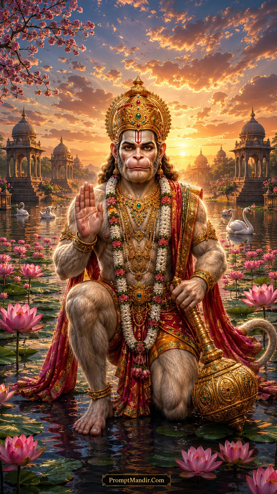 Lord Hanuman blessing in a golden sunset with pink lotus flowers, white swans, and palace pavilions