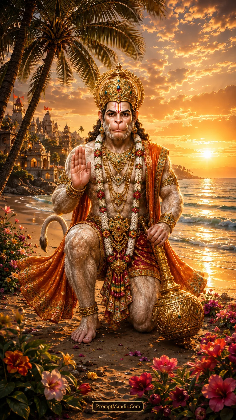 Lord Hanuman blessing on a tropical beach at sunset, with palm trees and a temple city in the background