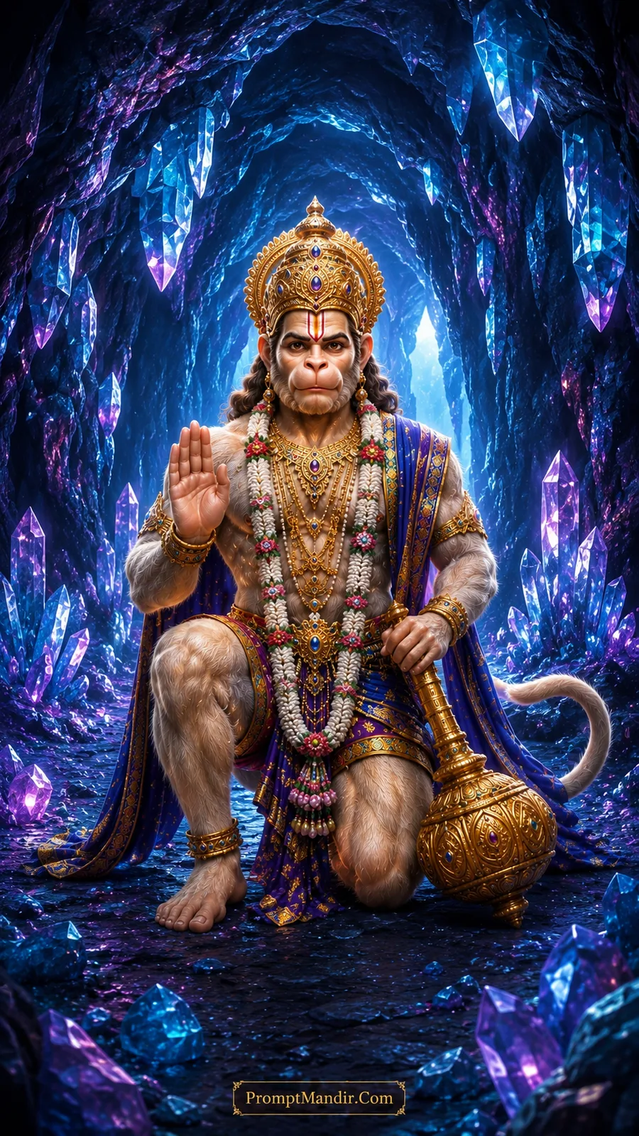 Lord Hanuman blessing inside a glowing blue and purple crystal cave