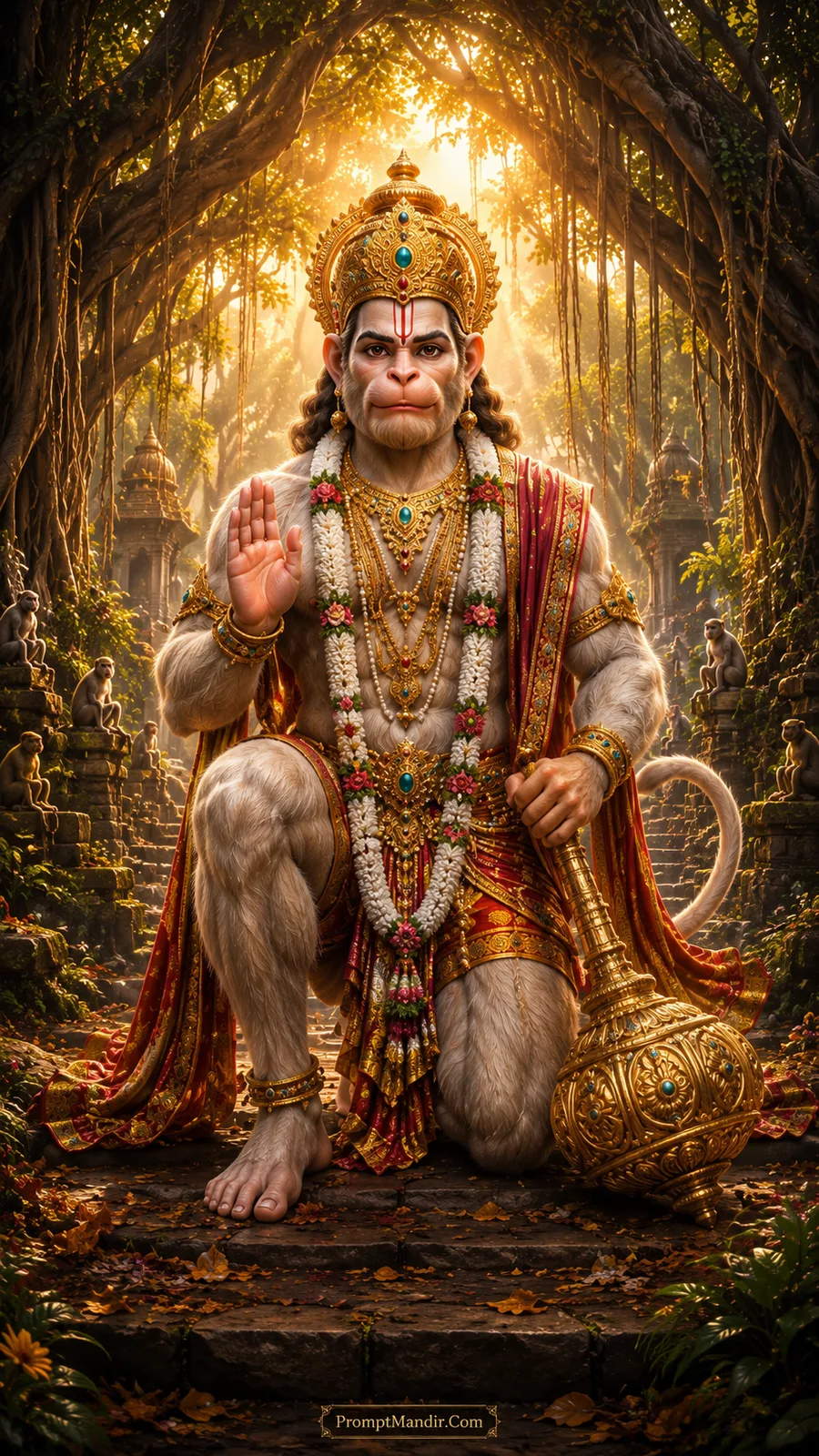 Lord Hanuman blessing in a golden forest under a giant banyan tree, with monkeys around him