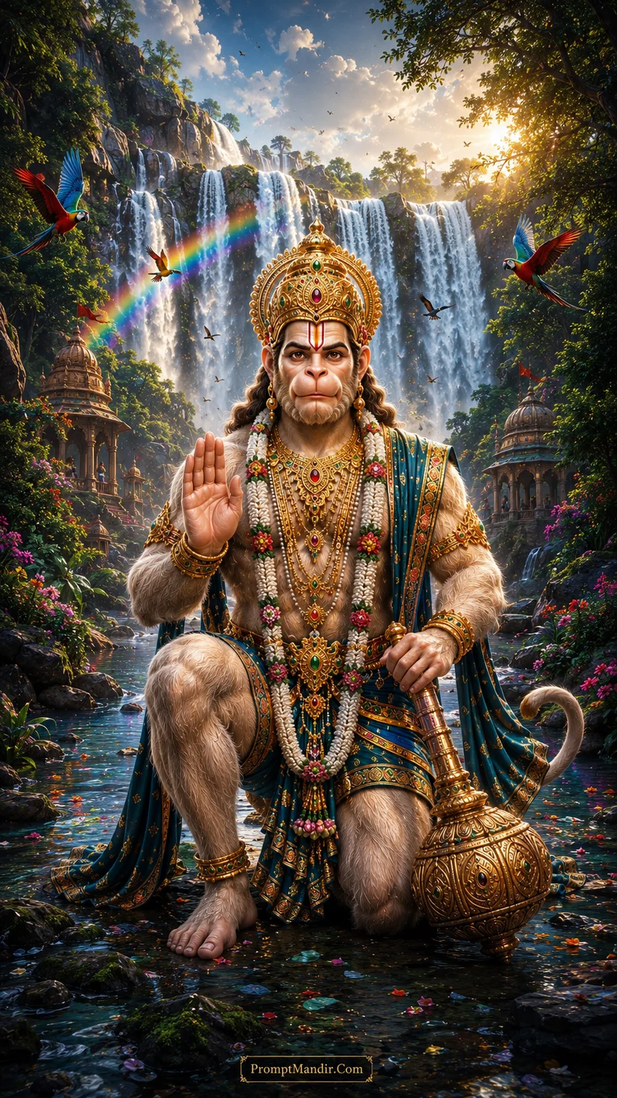 Lord Hanuman blessing by a river under a massive waterfall, with a rainbow and colorful parrots