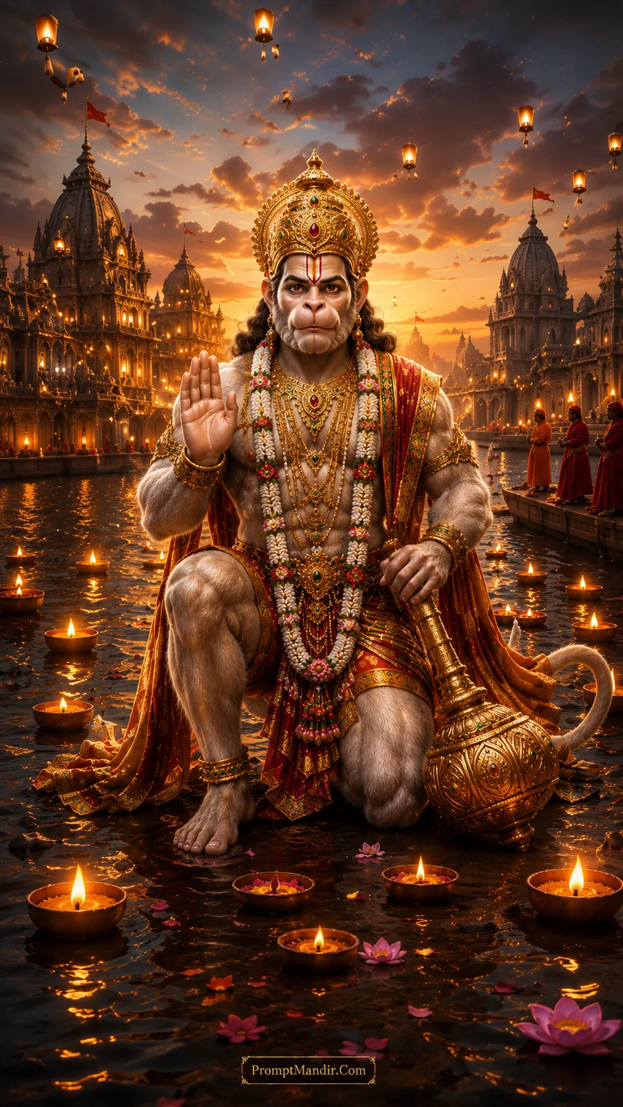 Lord Hanuman blessing on a river ghat at sunset, surrounded by thousands of glowing floating diyas