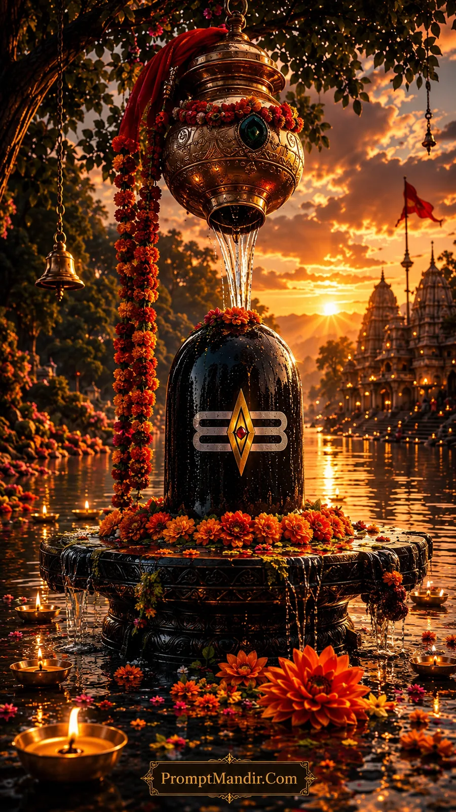 Sacred black Shivling with Tripundra symbol receiving a continuous water Abhishek from a golden vessel, set against a golden sunset and a temple river backdrop