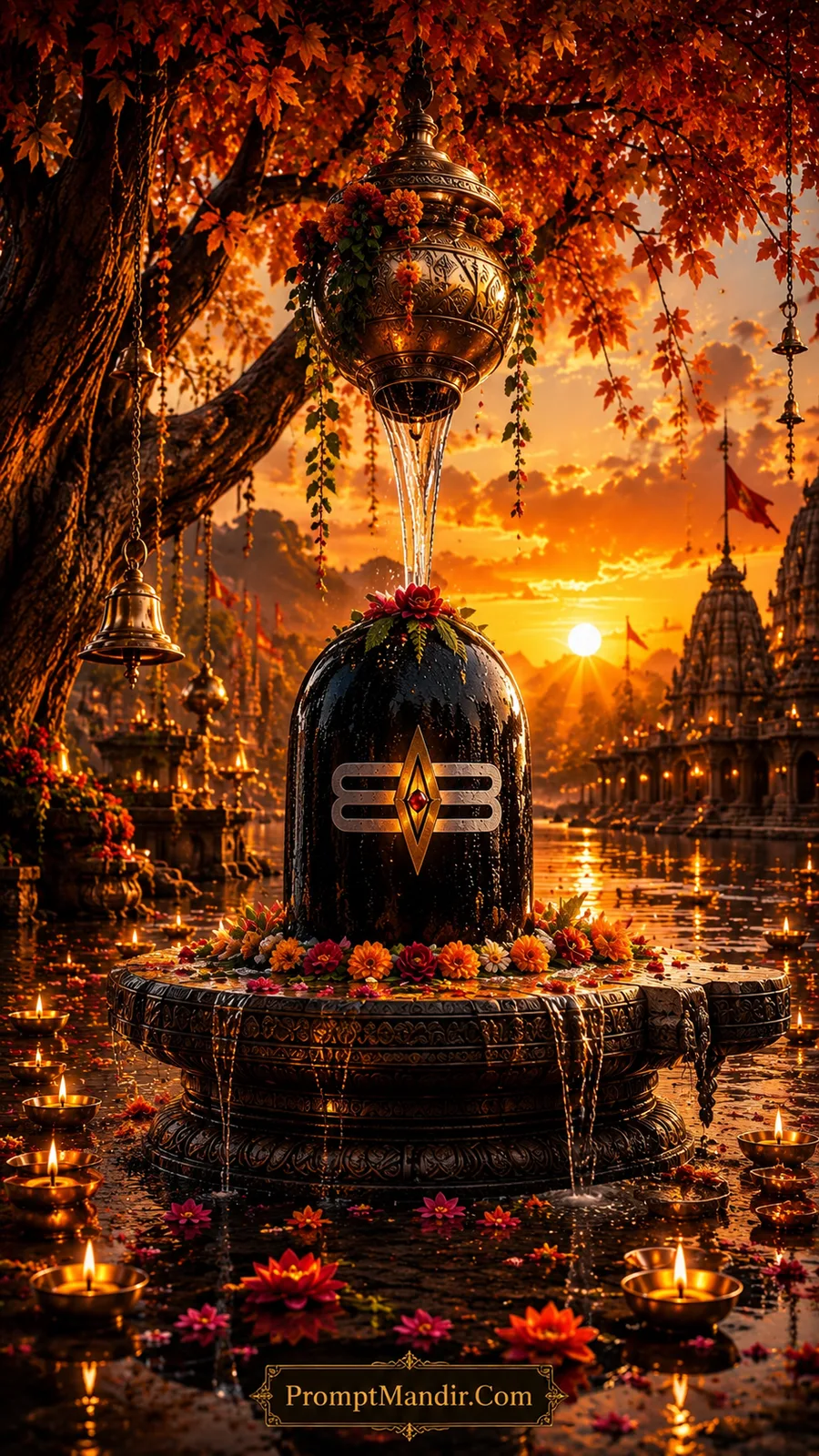 Sacred black Shivling with Tripundra symbol receiving Abhishek under an autumn tree, adorned with orange flowers and brass lamps at sunset