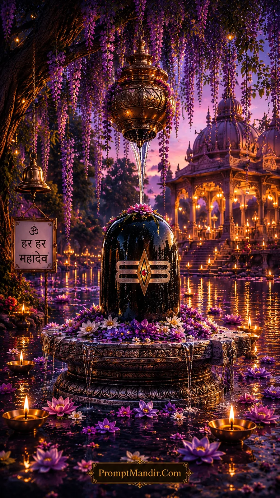 Sacred black Shivling with Tripundra symbol receiving Abhishek from a golden vessel, surrounded by purple flowers and a glowing temple at twilight