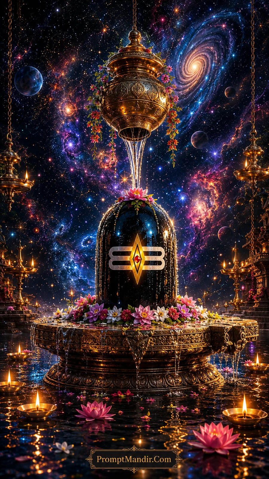 Sacred black Shivling with Tripundra symbol receiving Abhishek against a stunning cosmic galaxy background with planets and stars