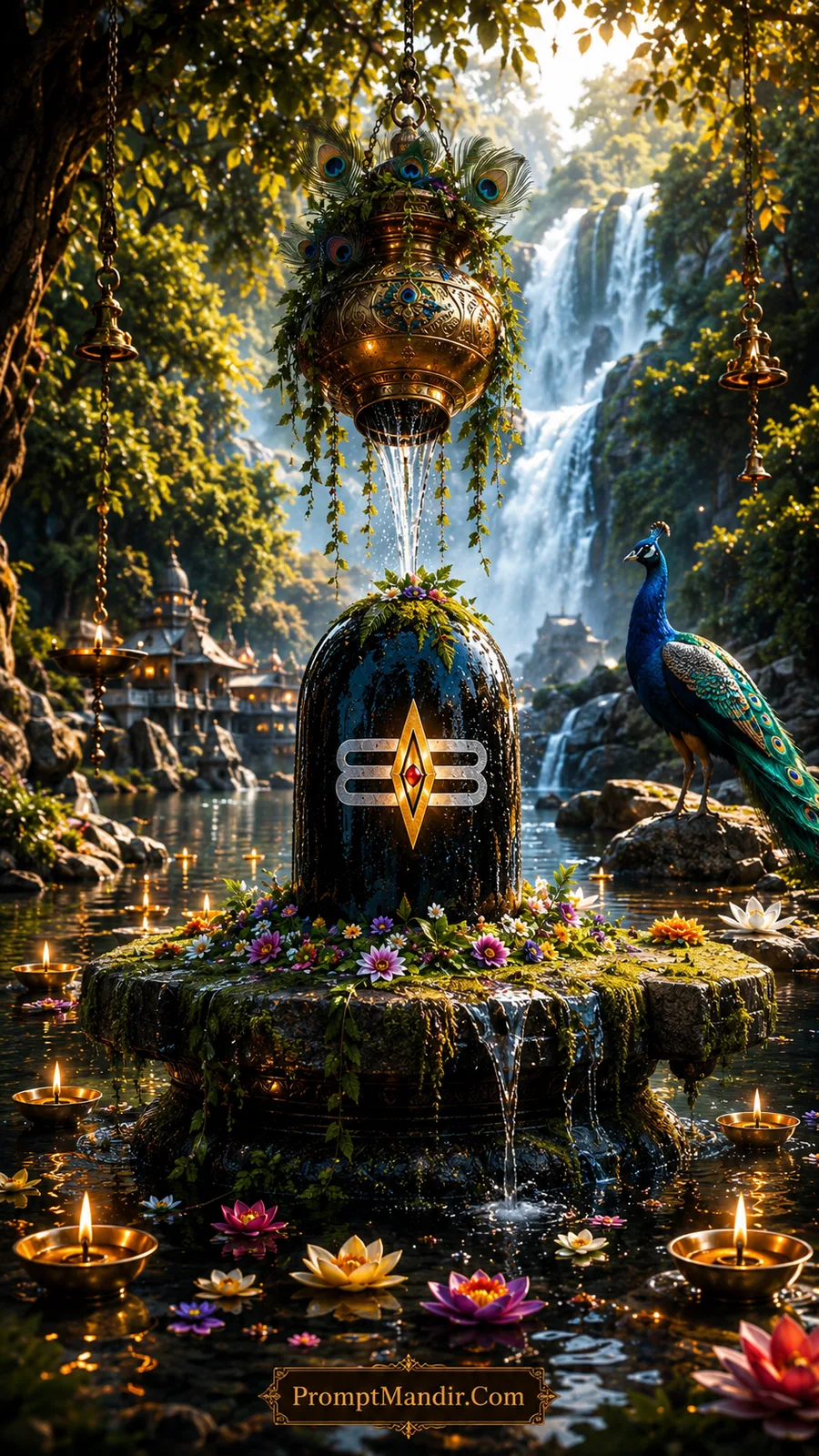 Sacred black Shivling with Tripundra symbol receiving Abhishek in a lush green forest with a waterfall, a peacock, and golden sunrays