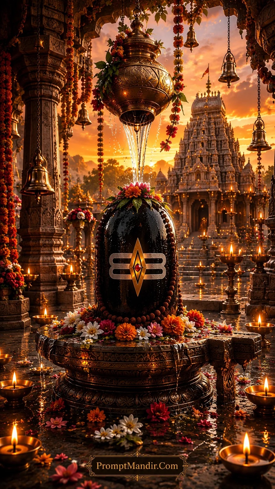 Sacred black Shivling with Tripundra symbol receiving Abhishek from a golden vessel inside a grand temple courtyard at sunset