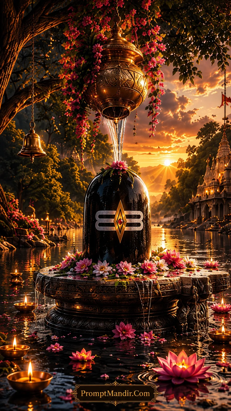 Sacred black Shivling with Tripundra symbol receiving Abhishek from a golden vessel on a riverbank with pink flowers and a golden sunset