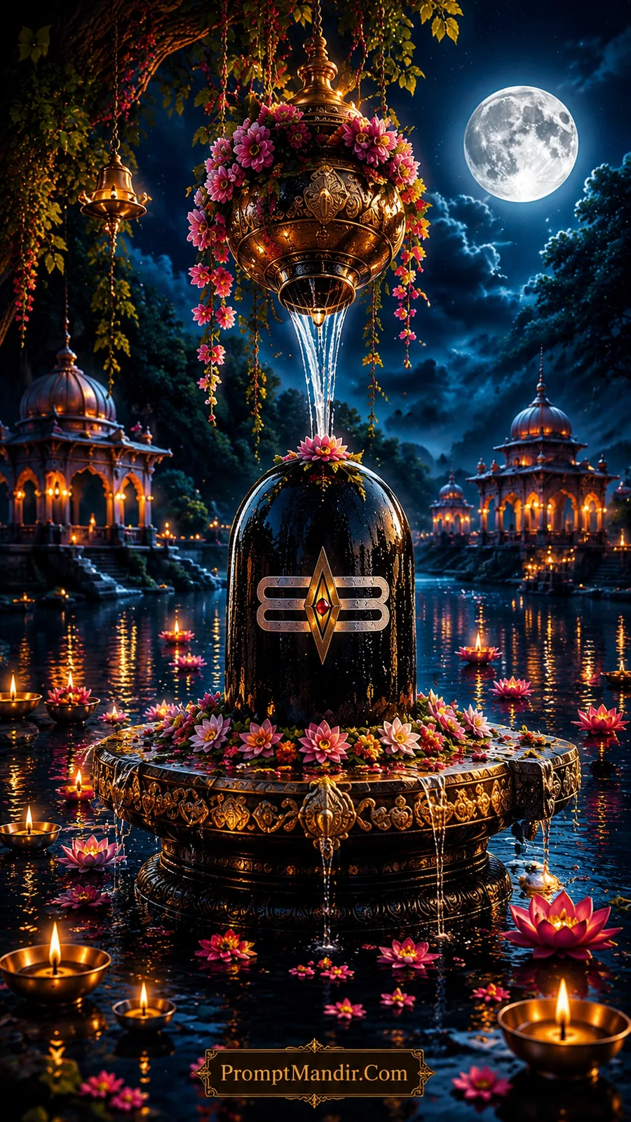 Sacred black Shivling with Tripundra symbol receiving Abhishek from a golden vessel under a full moonlit night with glowing lotus flowers